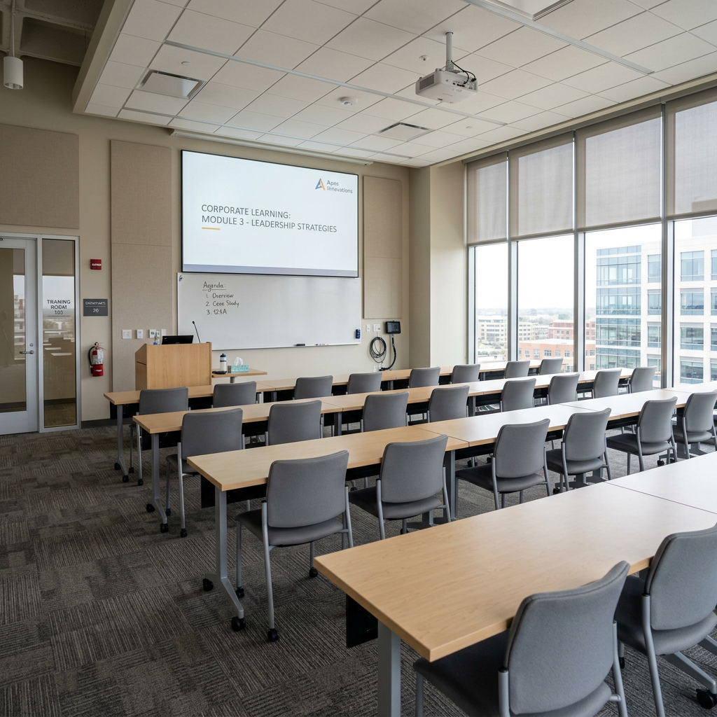 Empty corporate classroom with leadership strategies presentation slide